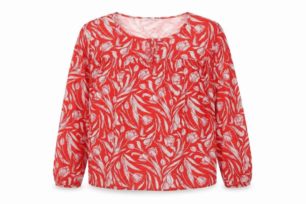 Front view of ISLE Women's Red Floral Cotton Blouse, size L