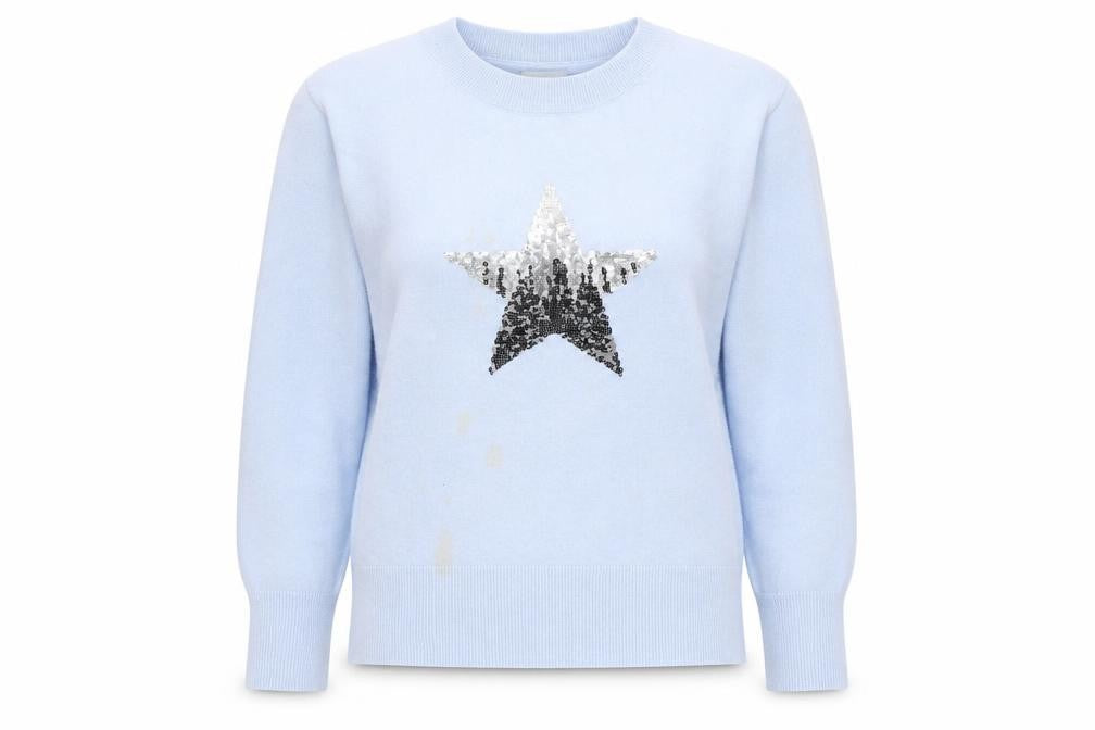 Front view of Pure Collection Women's Blue Sequin Star jumper -, size 12