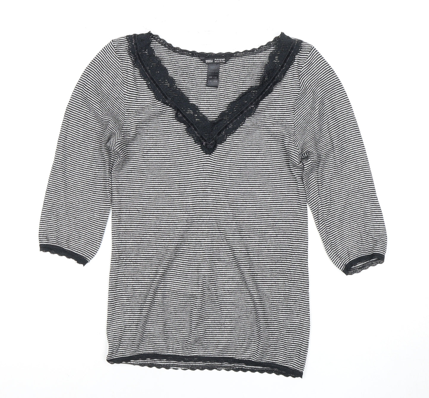 Marks and Spencer Women's Black Striped V-Neck Top