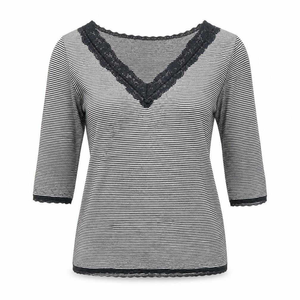 Front view of Marks & Spencer Women's Black Striped V-Neck Top