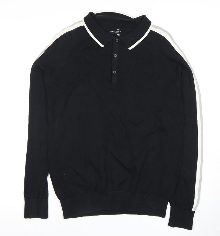 Brave Soul Men's Black Long Sleeve Polo Shirt L