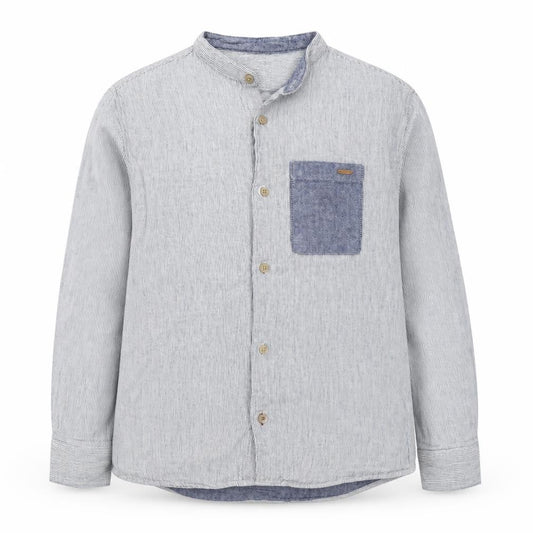 Front view of Zara Kids boys’ grey striped button-up shirt 9 years