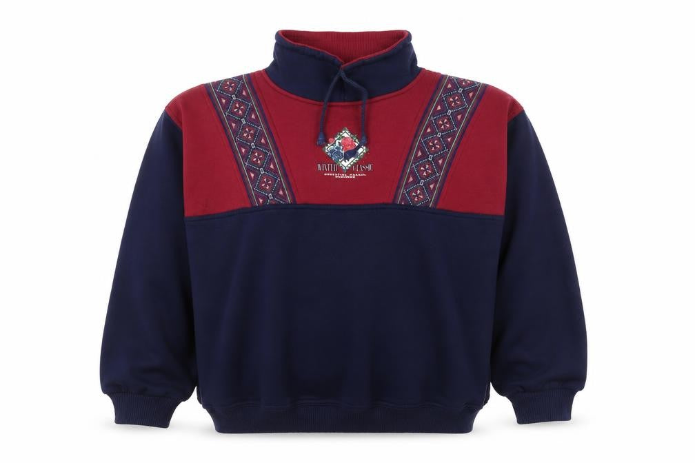 Front view of casuals unisex red blue argyle pullover sweatshirt, size 14