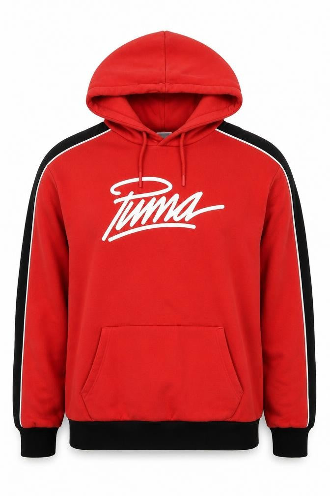 Front view of Puma Red unisex hoodie, size 8, pullover style