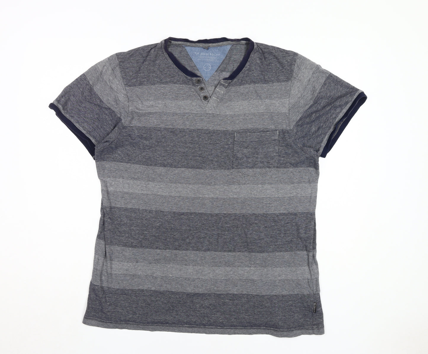 Grey Striped Henley T-Shirt for Men in Large