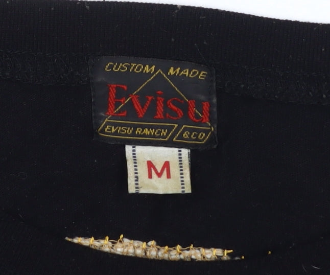 Evisu Men's Black M Graphic T-Shirt - Embroidered Art Design