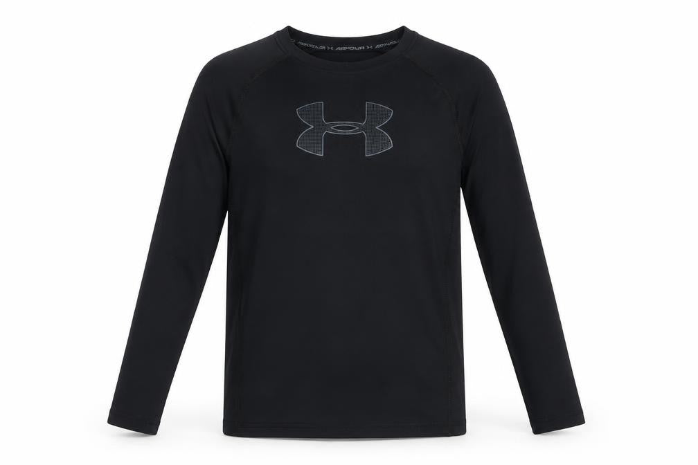 Front view of Under Armour boys’ black long sleeve athletic top