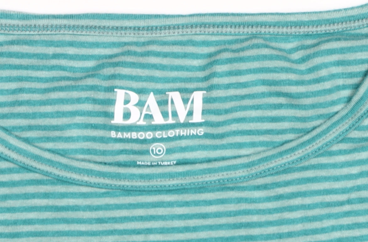 BAM Women's Green Striped Basic T-Shirt Size 10