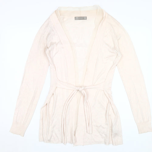 Zara Women Beige Cardigan M V-Neck Knit Belted