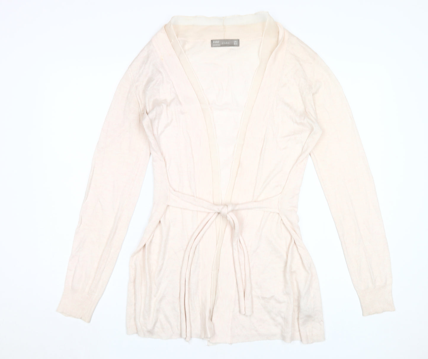 Zara Women Beige Cardigan M V-Neck Knit Belted