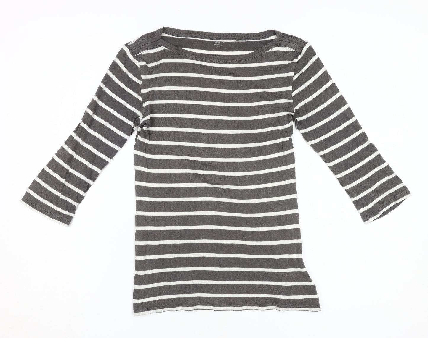 Gap Women's Grey Striped T-Shirt, Size S, 3/4 Sleeve