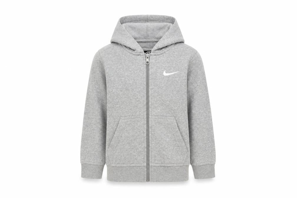 Front view of Nike boys’ grey full zip hoodie - xs, lightweight logo
