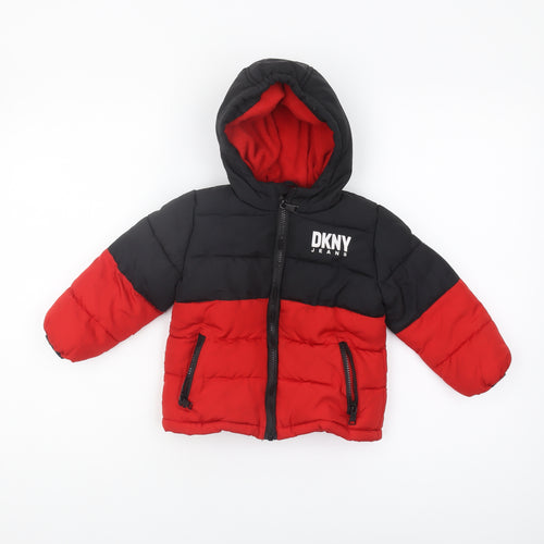 DKNY Unisex Baby Puffer Jacket Black/Red 24M Winter Hooded