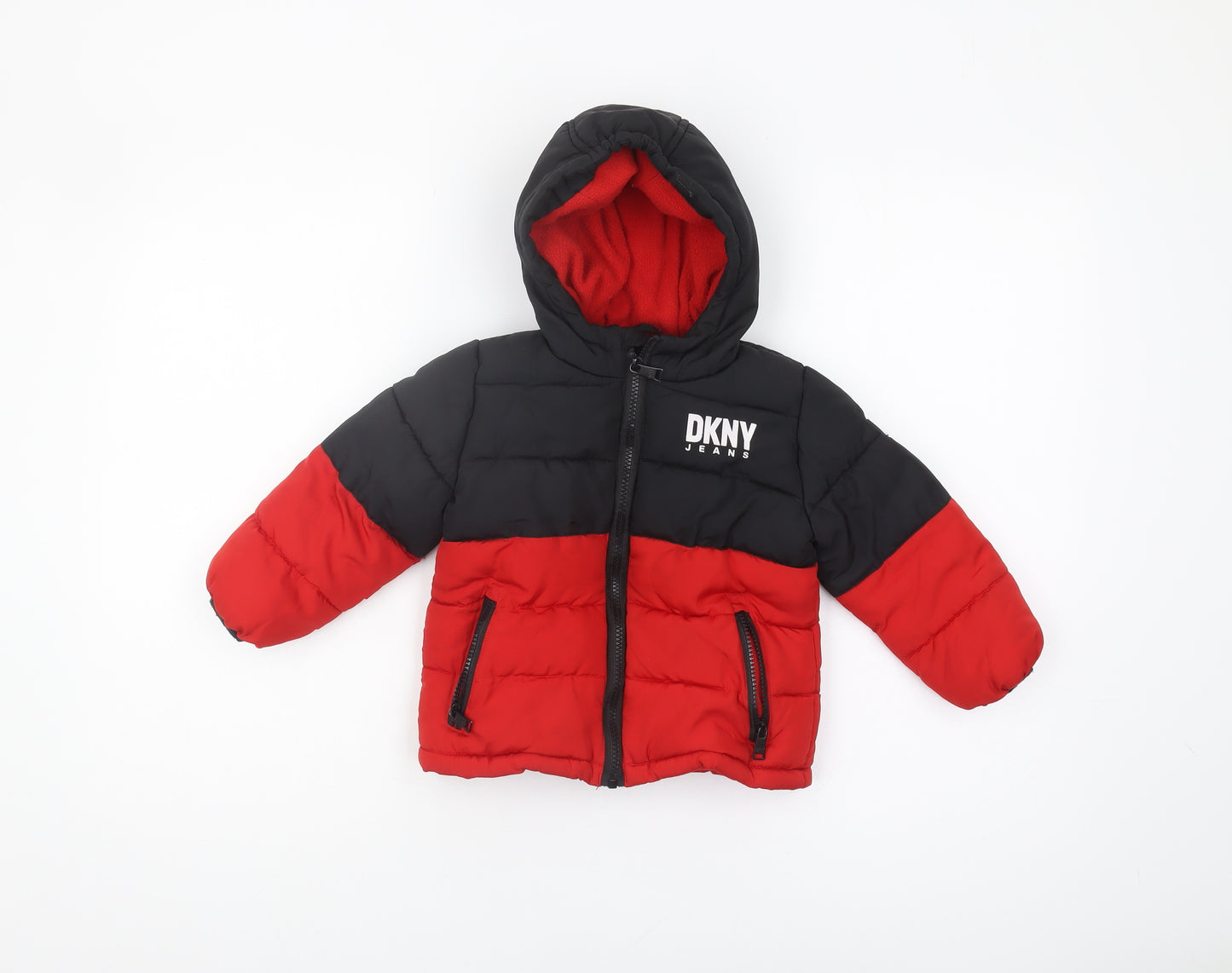 DKNY Unisex Baby Puffer Jacket Black/Red 24M Winter Hooded