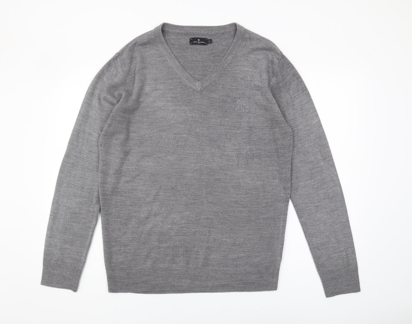 Jeff Banks Men's Grey V-Neck Pullover Jumper, L