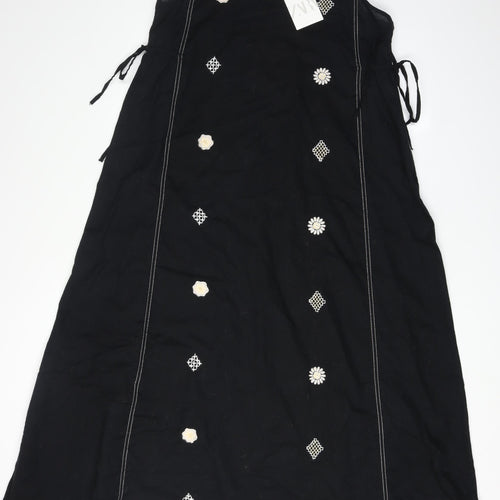 Zara Women Black L Slip Dress Cotton Linen Embroidered
