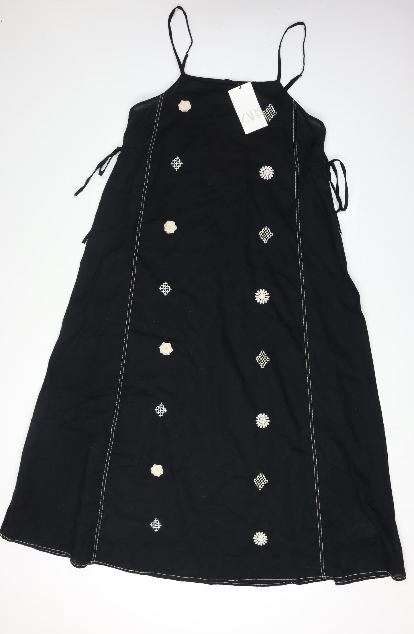 Zara Women Black L Slip Dress Cotton Linen Embroidered