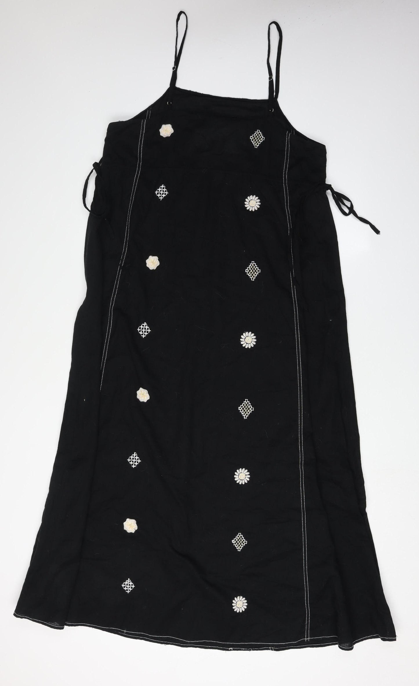 Zara Women Black L Slip Dress Cotton Linen Embroidered