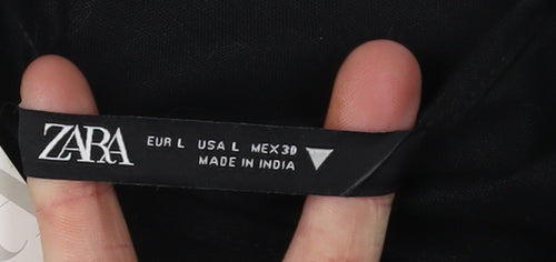 Zara Women Black L Slip Dress Cotton Linen Embroidered