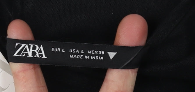 Zara Women Black L Slip Dress Cotton Linen Embroidered