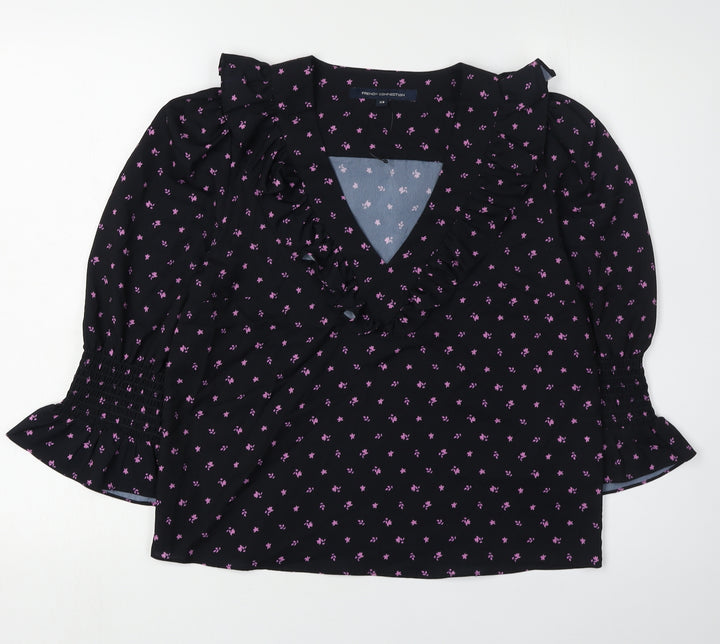 French Connection Women's Black Floral XS Wrap Blouse