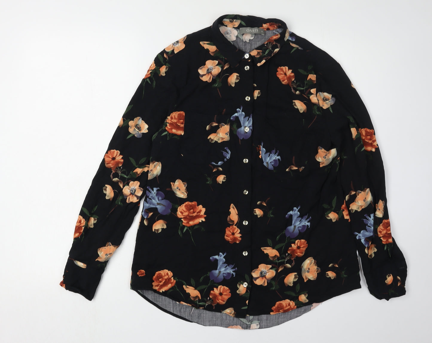 Oasis Women's Black Floral Button-Up Shirt UK 10