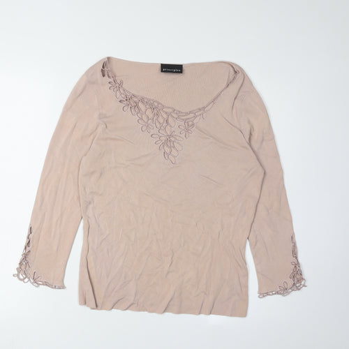 Principles Women's Beige Embroidered Long Sleeve Top, Size 16