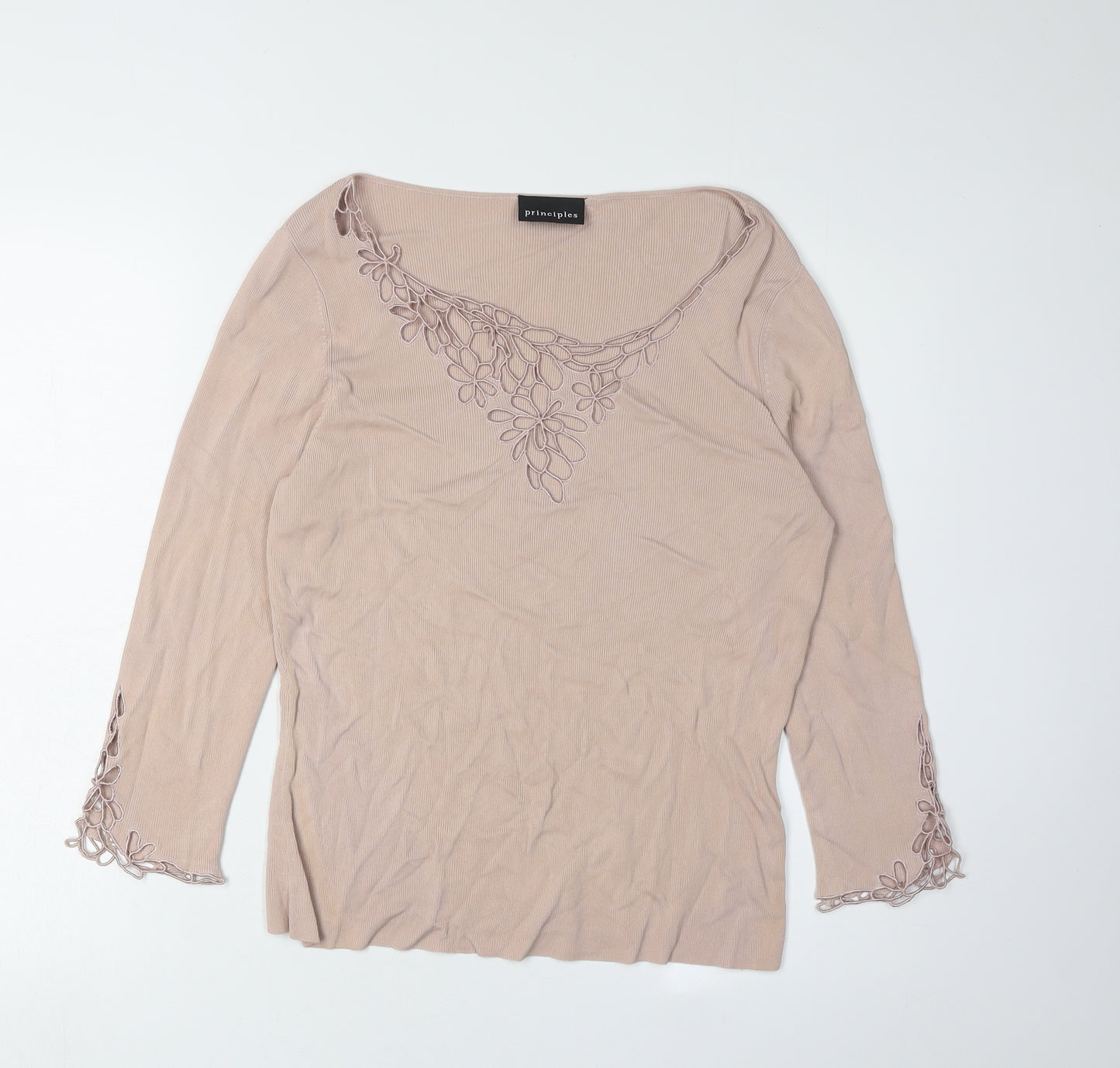 Principles Women's Beige Embroidered Long Sleeve Top, Size 16