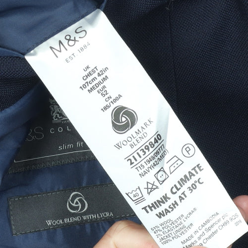 M&S Men's Blue Slim Fit Blazer, Size 42R, Formal Style