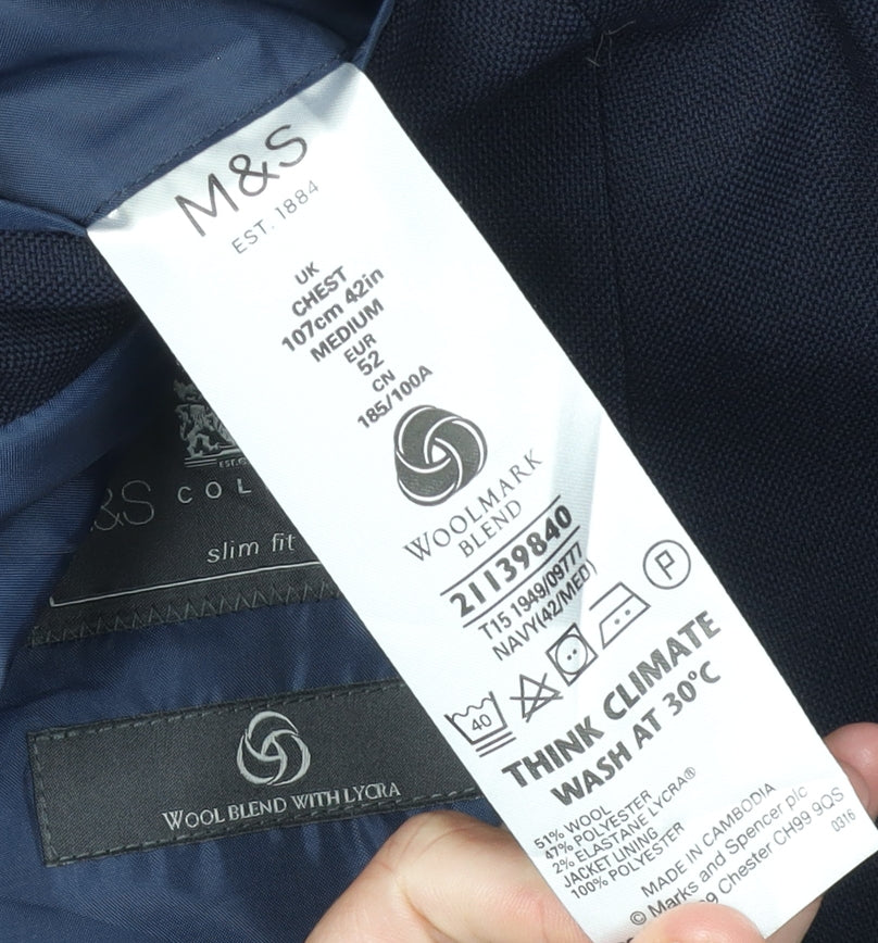 M&S Men's Blue Slim Fit Blazer, Size 42R, Formal Style
