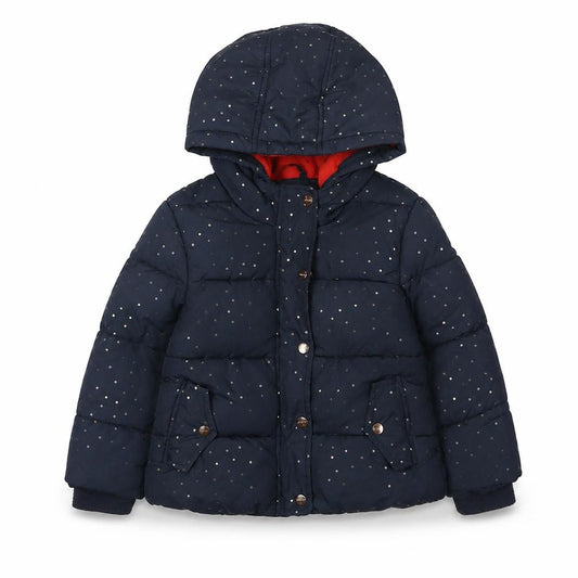 Front view of Outfit Kids girls’ blue polka dot puffer jacket, age 2-3, hooded winter coat