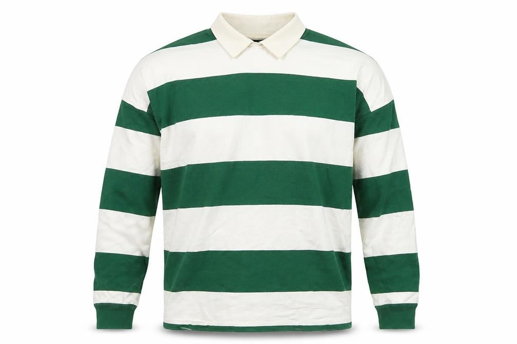 Front view of Topman Men's Green Striped Collared Sweatshirt XS