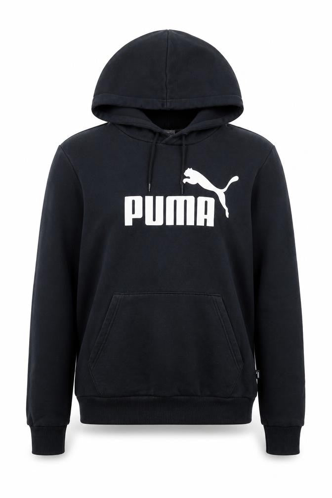 Front view of Puma unisex black pullover hoodie, size S, logo accent