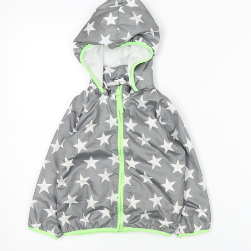 H&M Boys Grey Star Patterned Raincoat, Hooded, Size 2 Years