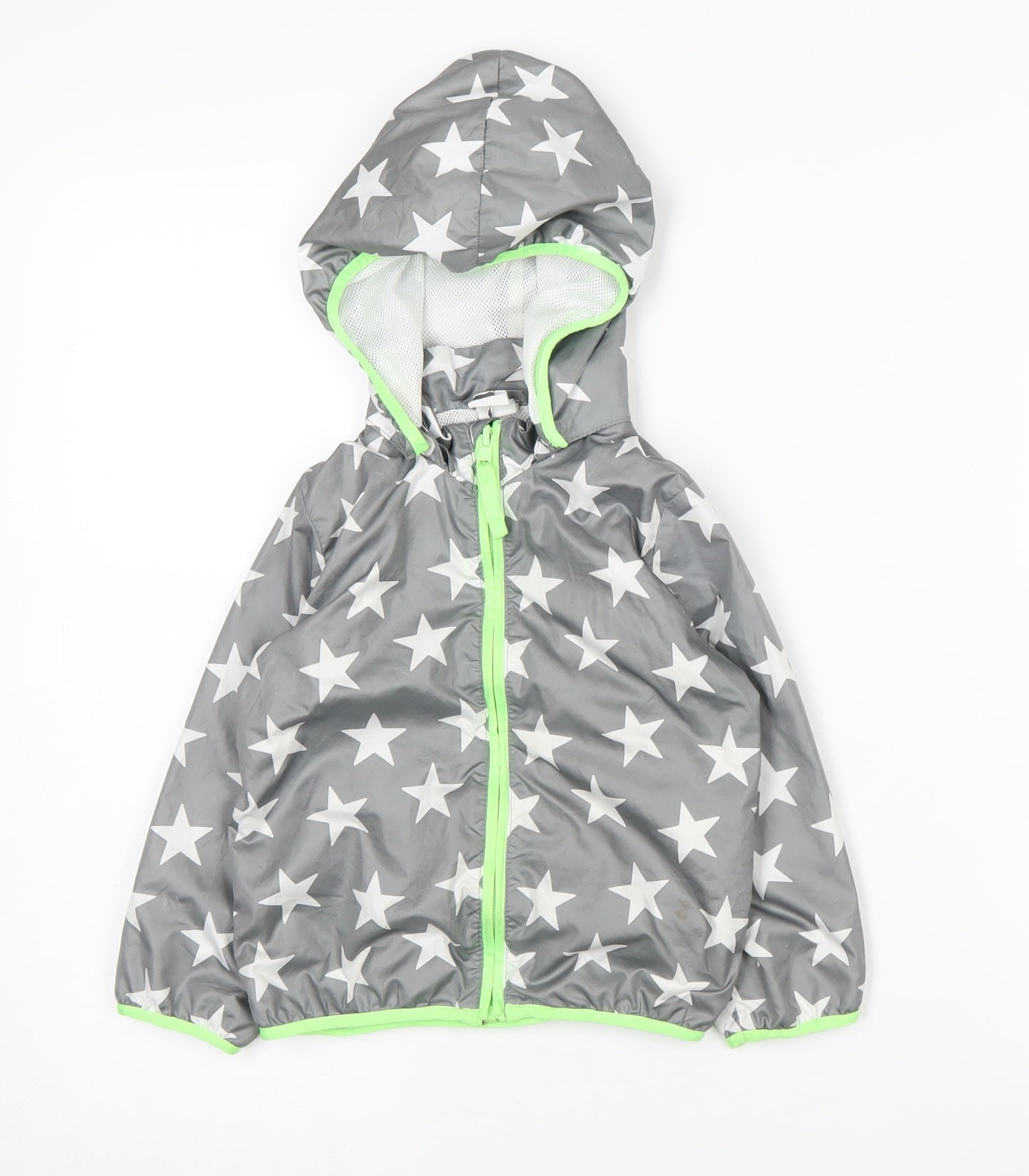 H&M Boys Grey Star Patterned Raincoat, Hooded, Size 2 Years