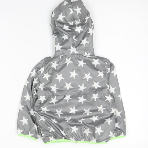H&M Boys Grey Star Patterned Raincoat, Hooded, Size 2 Years