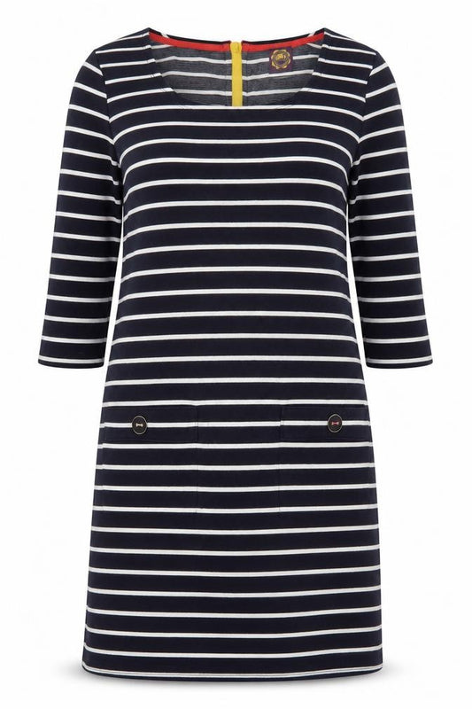 Front view of Joules Women's Black Striped Shift Dress, size 10