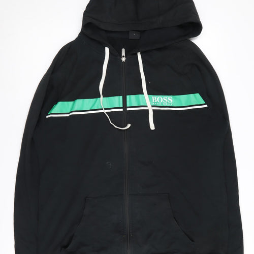BOSS Men's Black Full Zip Hoodie, Size L, Logo Accent