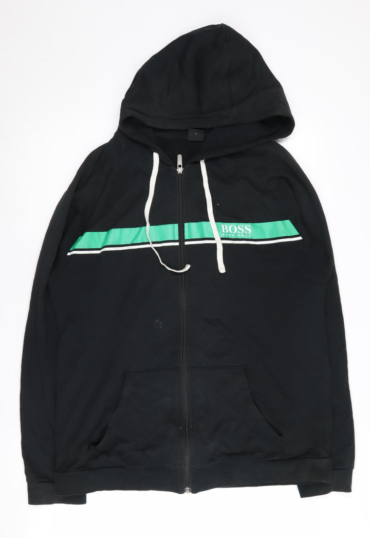 BOSS Men's Black Full Zip Hoodie, Size L, Logo Accent