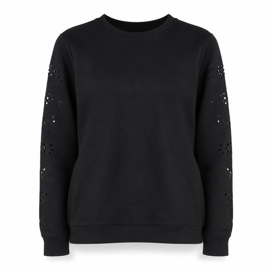 Front view of Warehouse Women's Black Pullover Sweatshirt, size S