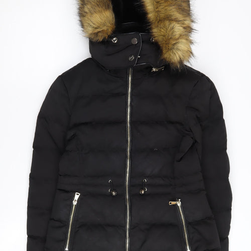 Zara Women's Black Puffer Jacket with Fur Trim Hood, Size 10