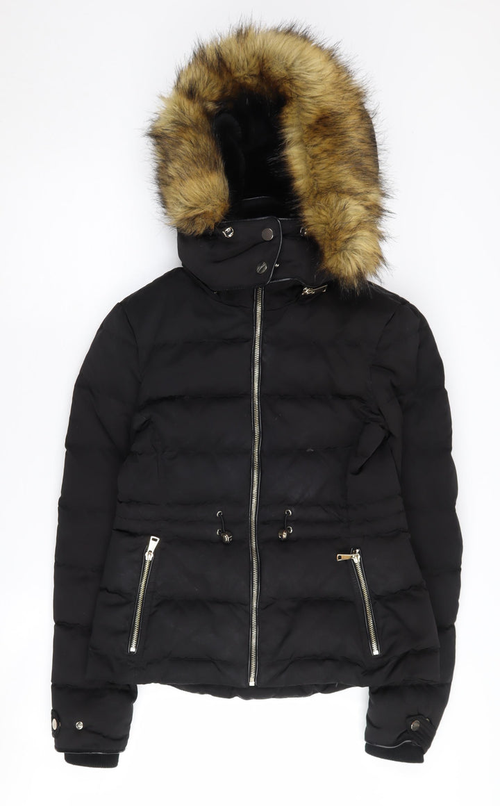Zara Women's Black Puffer Jacket with Fur Trim Hood, Size 10