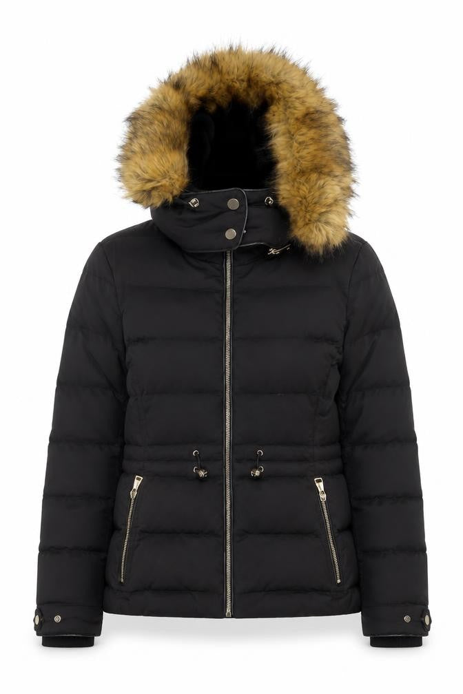 Zara Women's Black Puffer Jacket with Fur Trim Hood, Size 10