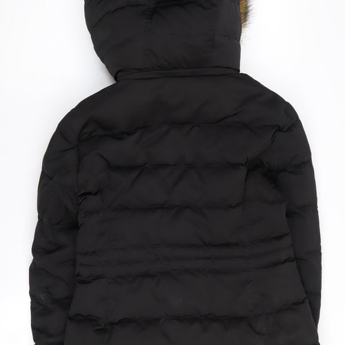 Zara Women's Black Puffer Jacket with Fur Trim Hood, Size 10