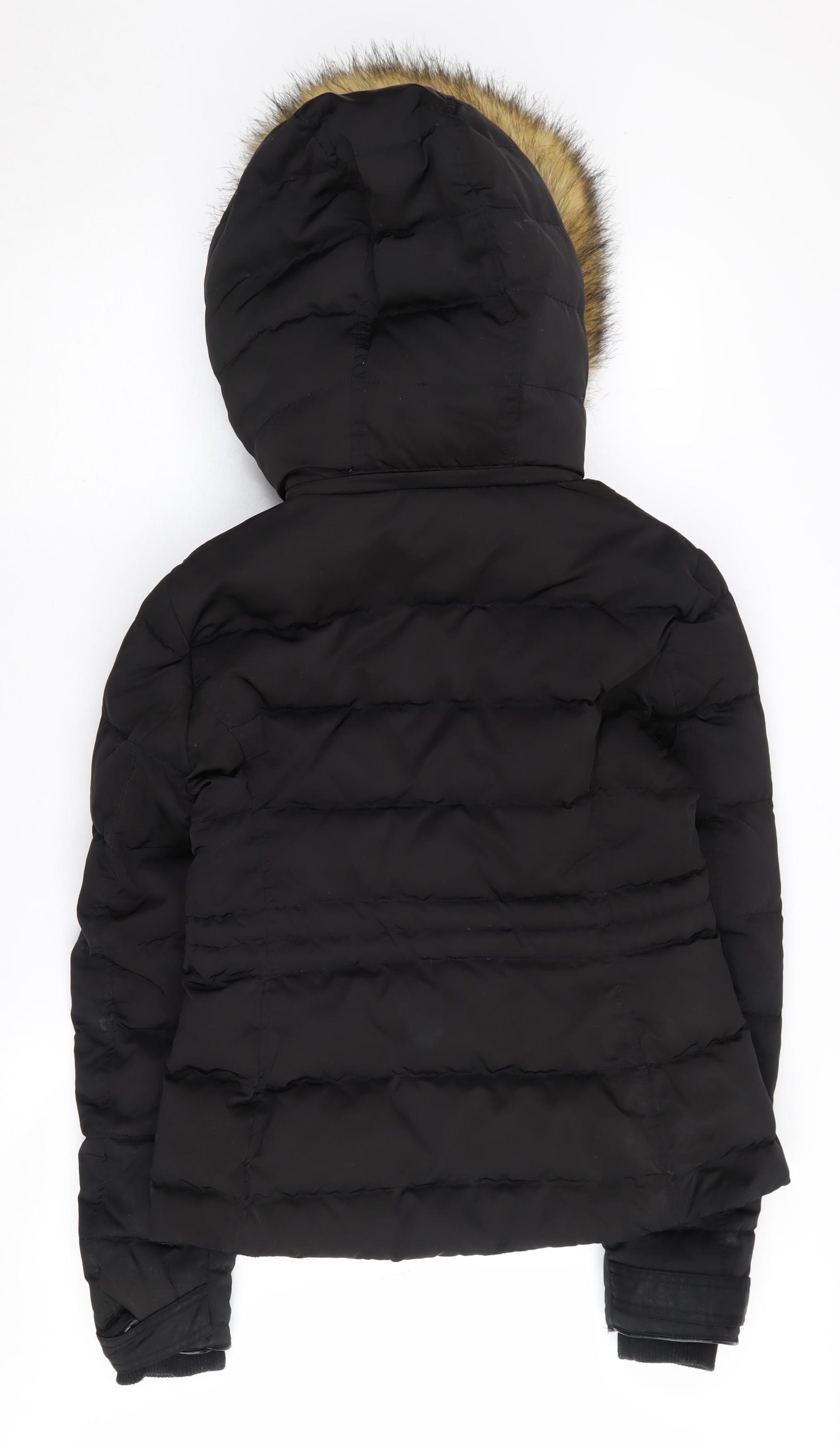Zara Women's Black Puffer Jacket with Fur Trim Hood, Size 10