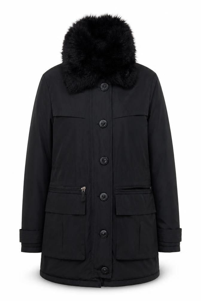 Front view of Betty Jackson Black Women's Black Parka Coat, size 8, Hooded, Lined