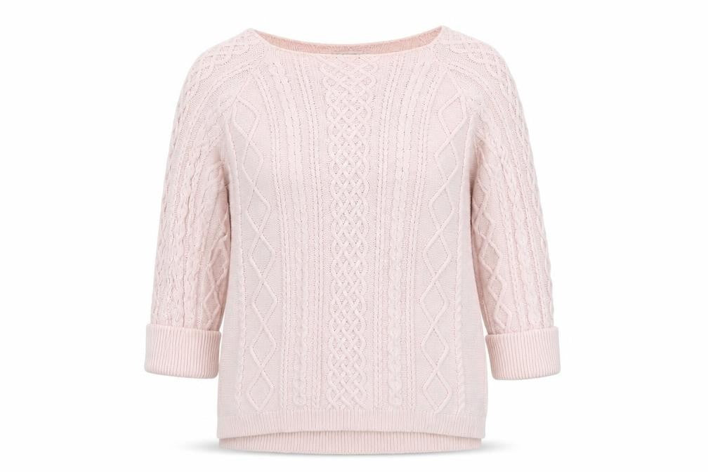 Front view of TRU Women's Pink Cotton Cable-Knit Jumper, size S, Knit