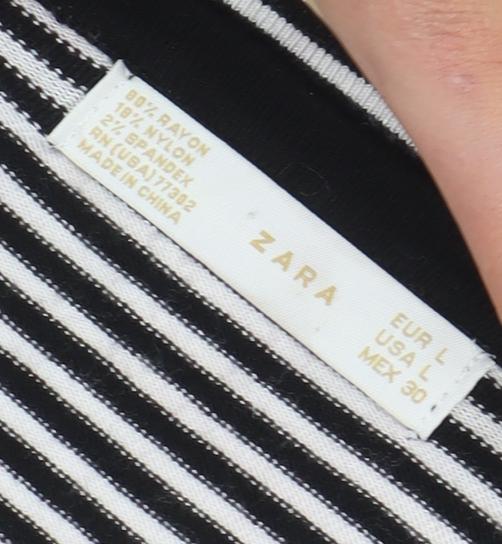 Zara Women's Black Striped T-Shirt L