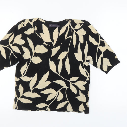 Marks and Spencer Women's Size 10 Black Floral 3/4 Sleeve Jumper Blouse Top