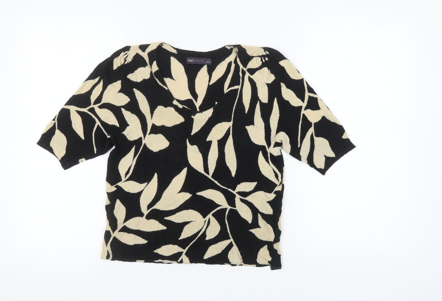 Marks and Spencer Women's Size 10 Black Floral 3/4 Sleeve Jumper Blouse Top